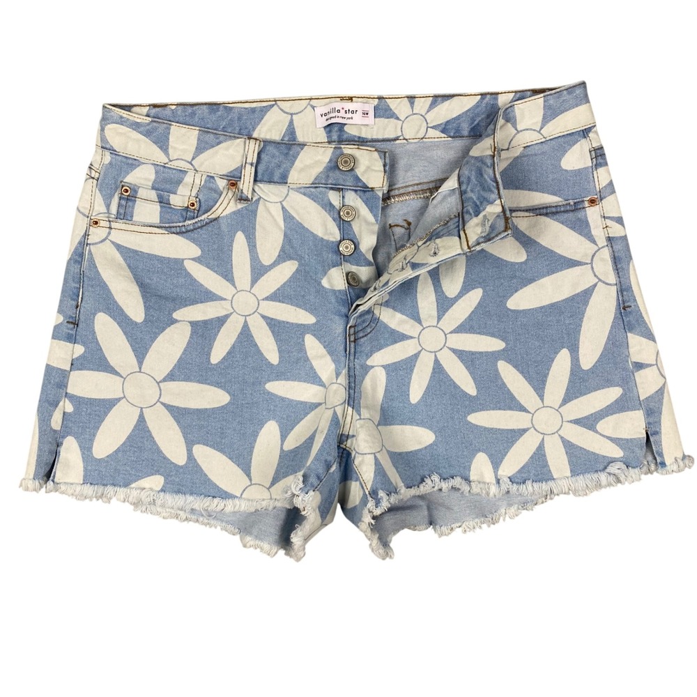 Vanilla Star Daisy Floral Denim Shorts Womens 14W Blue High Rise Button Fly Boho